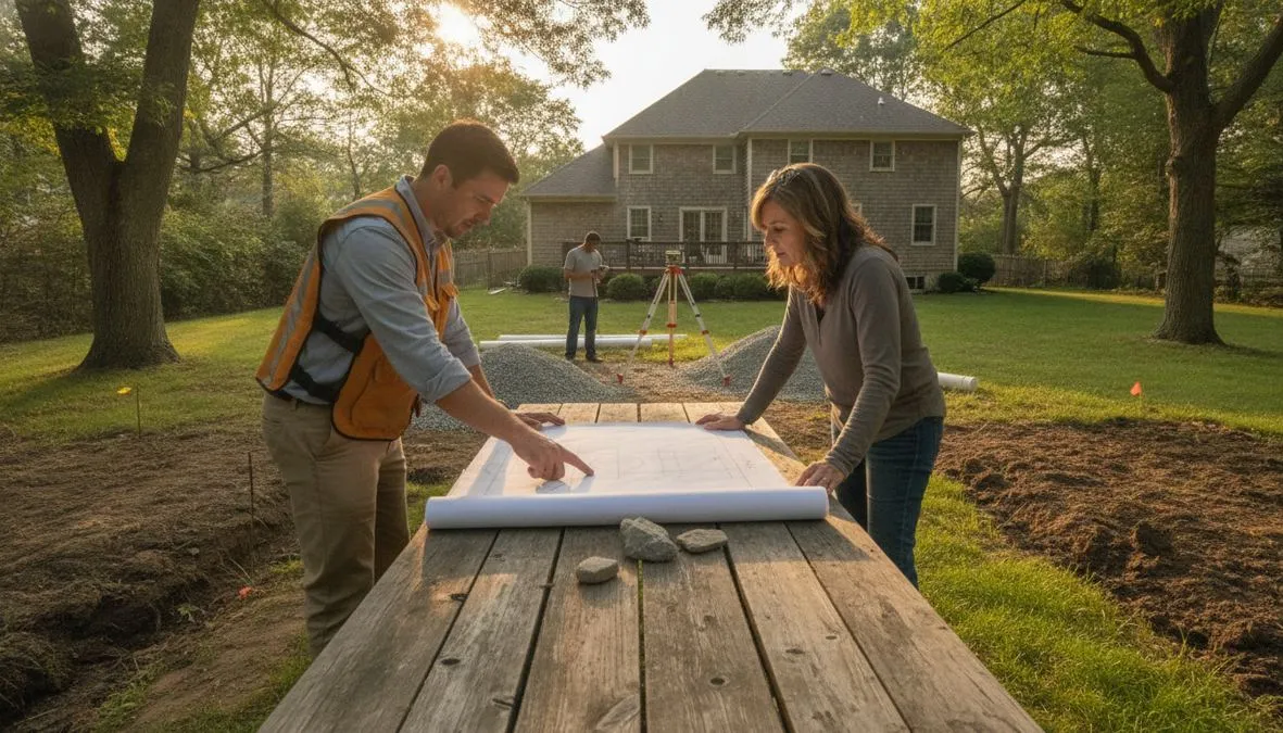 Homeowner reviewing a game court plan with a Long Island contractor