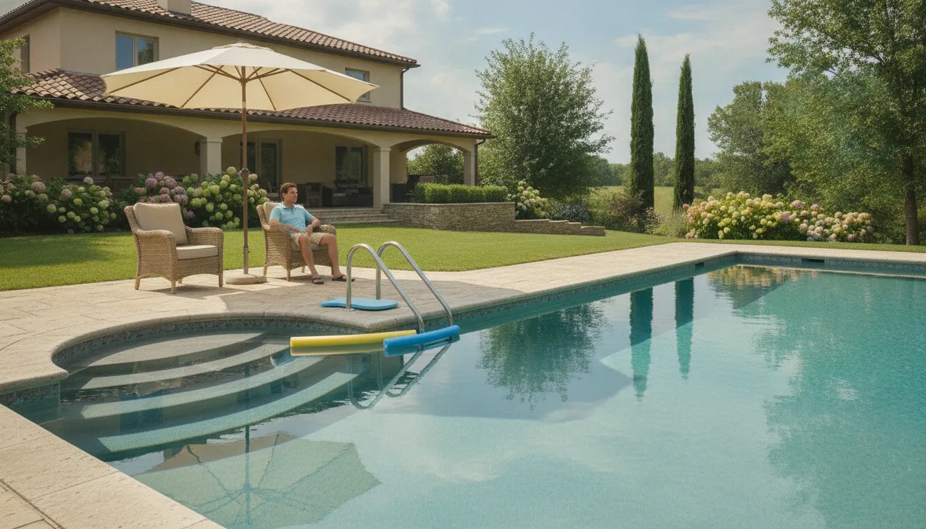 Adult supervising a residential swimming pool from the deck