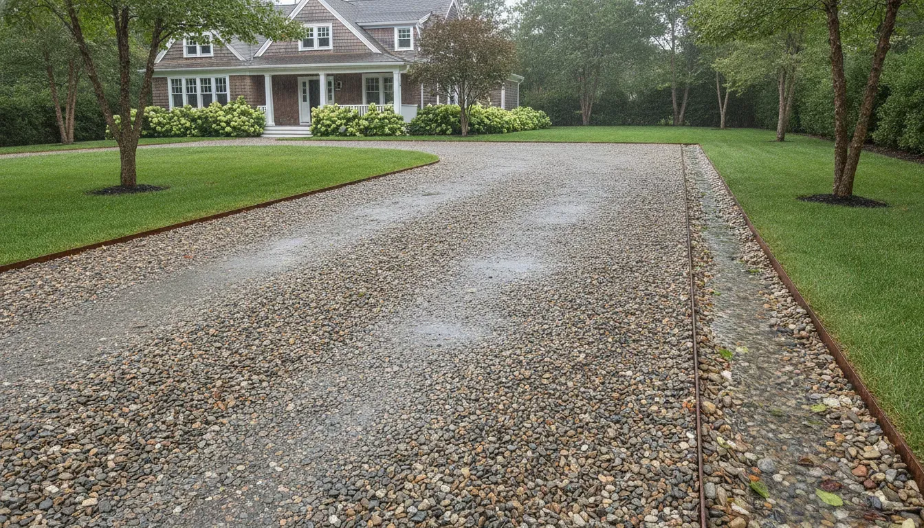 Rainwater moving across a graded gravel driveway with defined edging