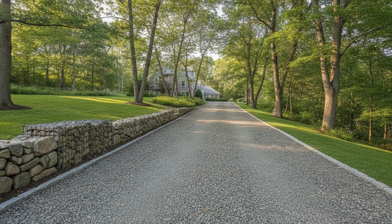 Sloped gravel driveway beside a stone retaining wall and gabion structure
