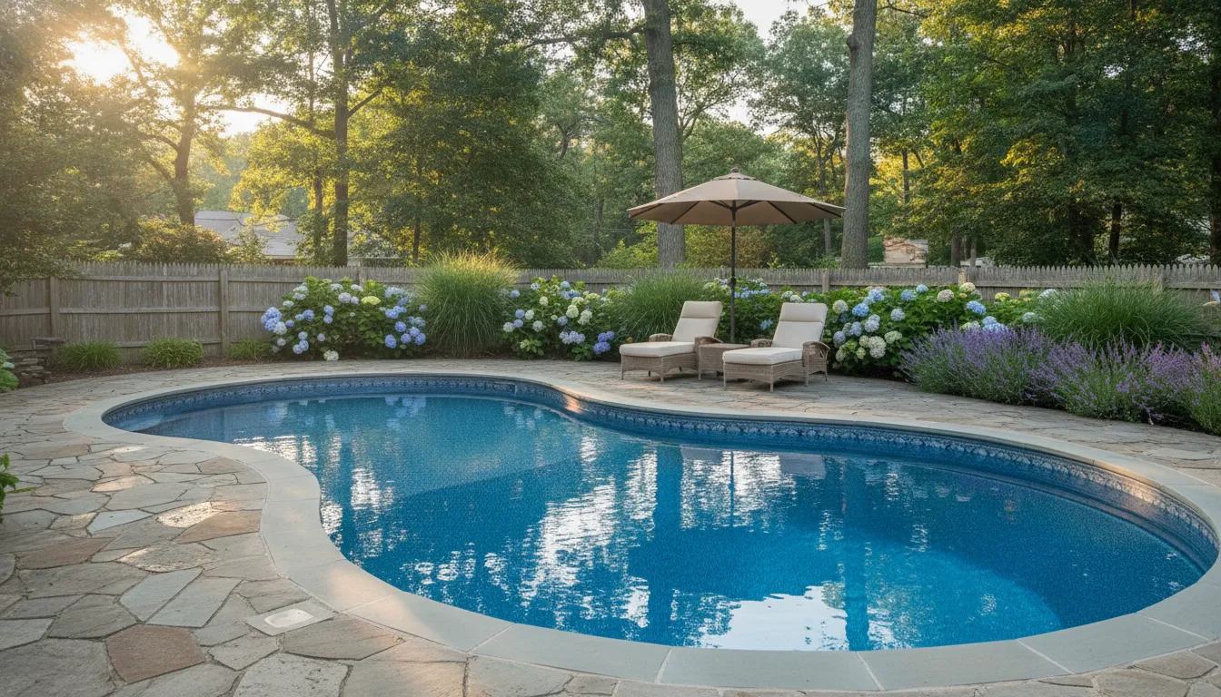 A maintained inground vinyl liner pool with clear blue water and a natural stone patio in a landscaped Long Island backyard