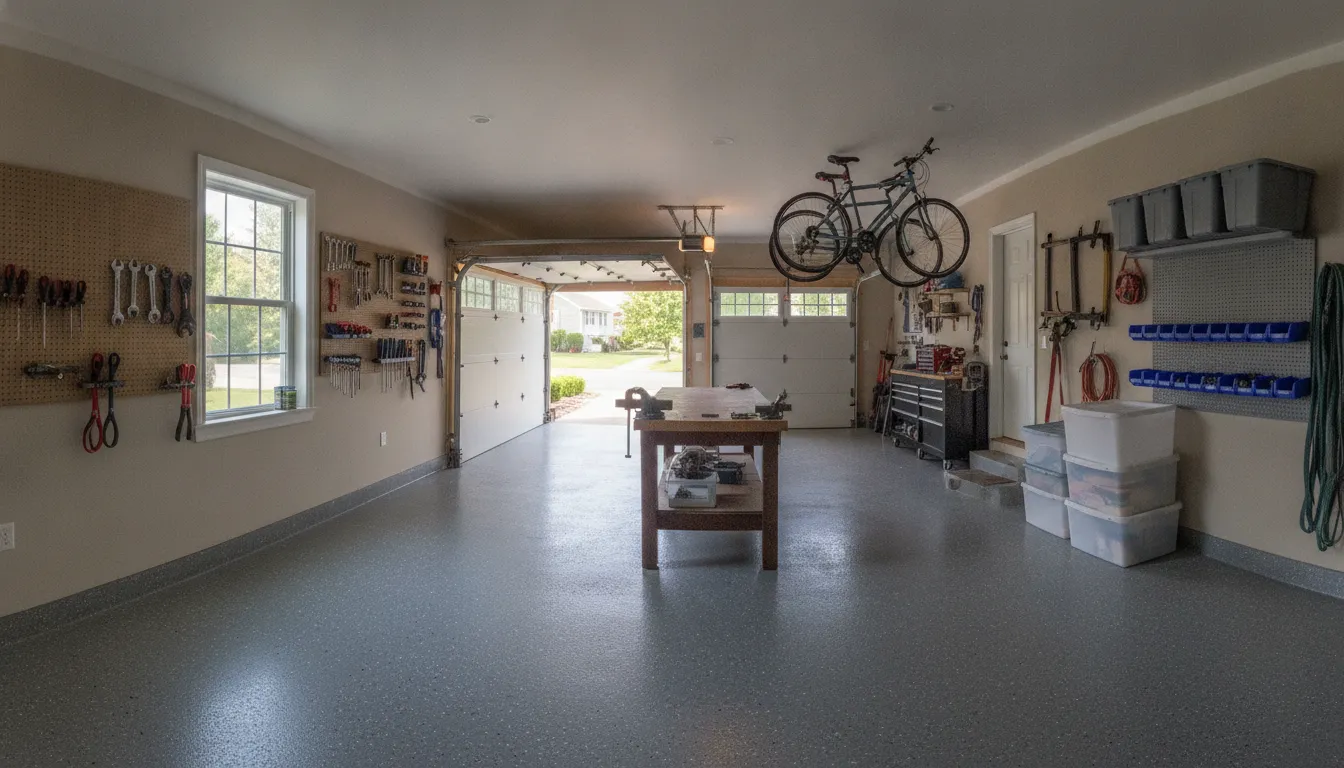 Technician preparing a concrete garage floor for an epoxy coating