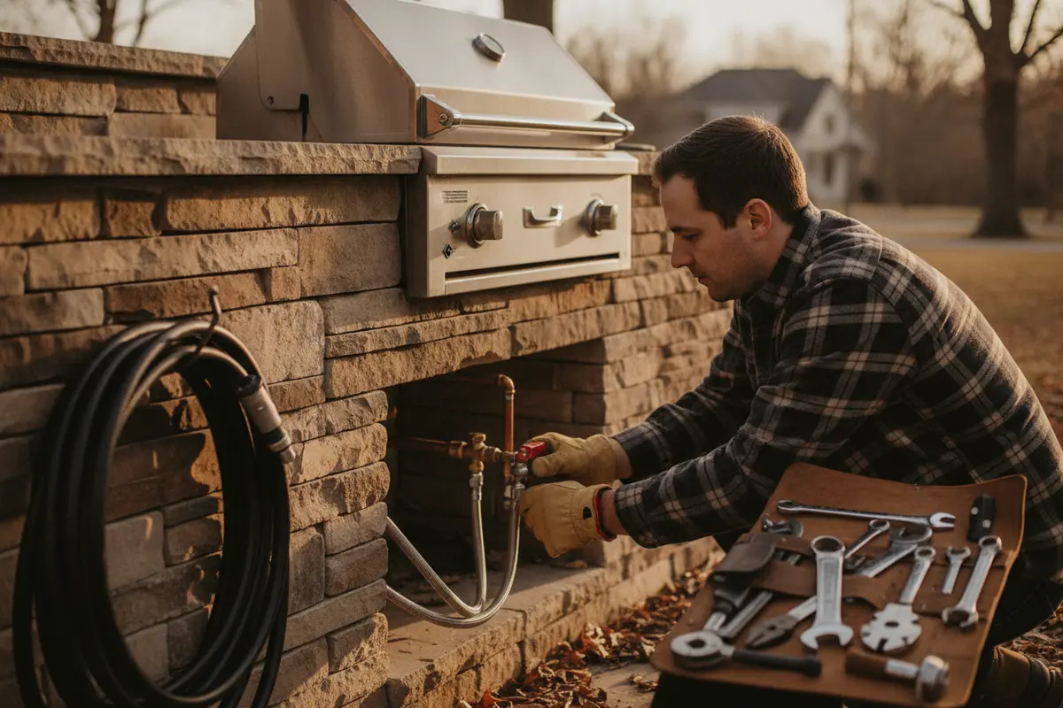 Homeowner checking outdoor kitchen appliance connections before winter