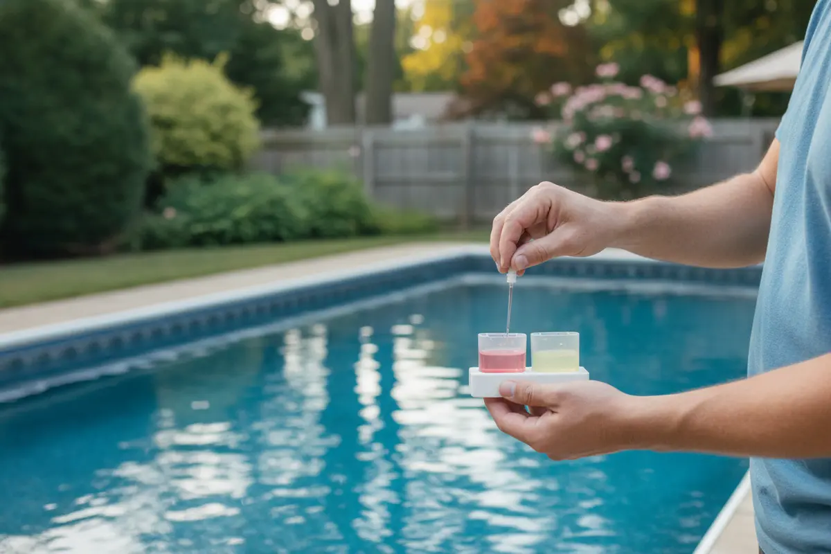 Homeowner checking pool water with a test kit beside a clean backyard pool