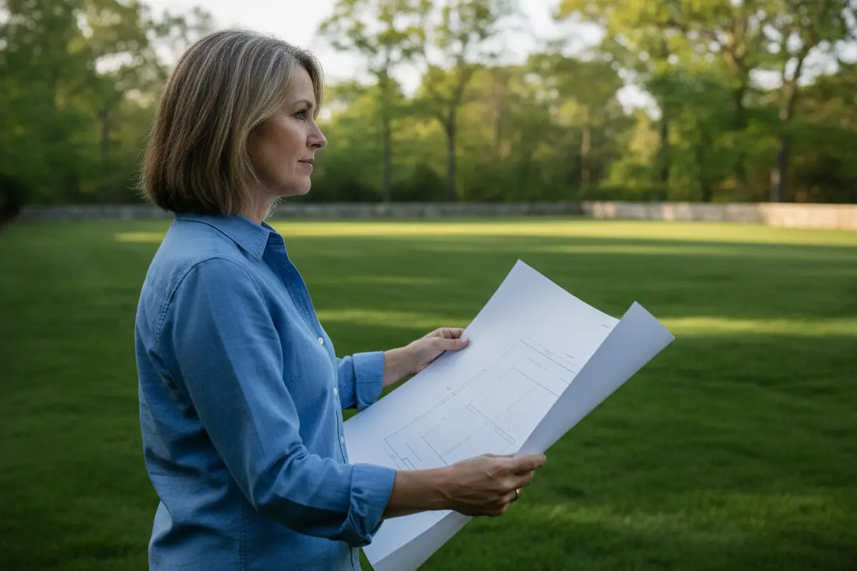 Homeowner reviewing a backyard layout and possible tennis court location