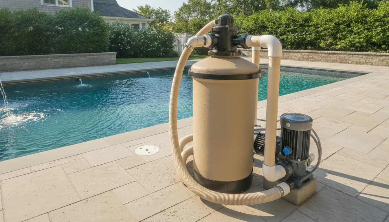 Pool filtration equipment including pump, filter, and circulation plumbing