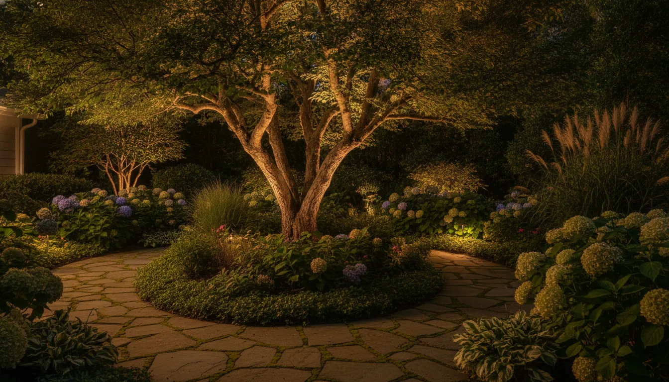 Low-voltage light highlighting a Long Island landscape tree