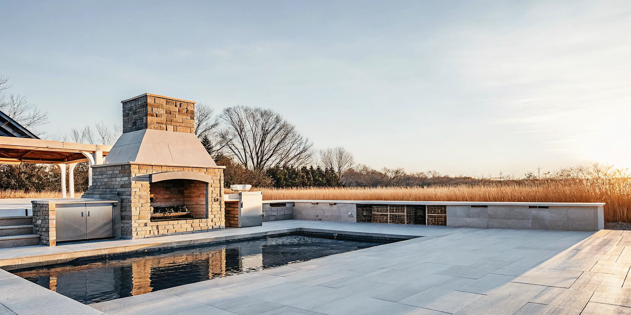 Italian outdoor kitchen and stone fireplace with travertine and bluestone on Long Island