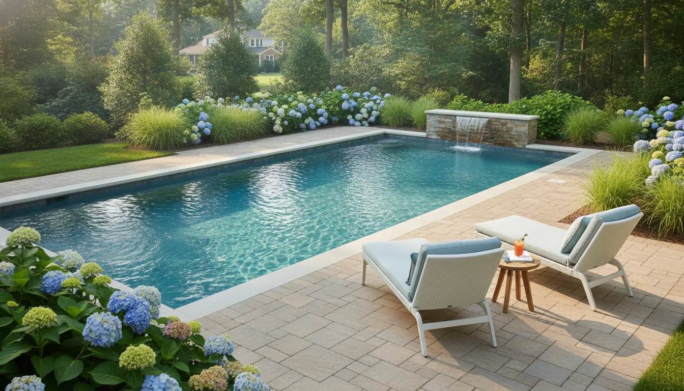 Finished fiberglass swimming pool in a landscaped Long Island backyard