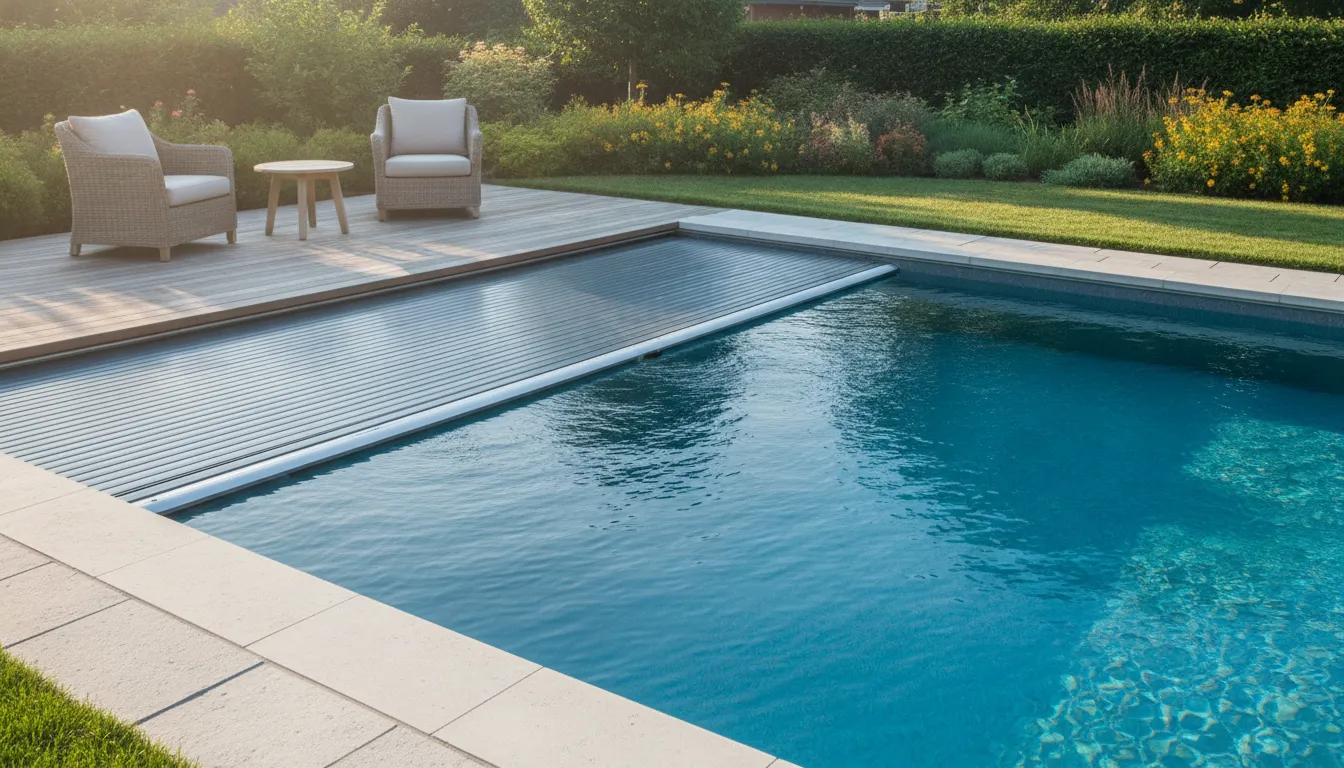 Automatic safety pool cover extending across a backyard swimming pool