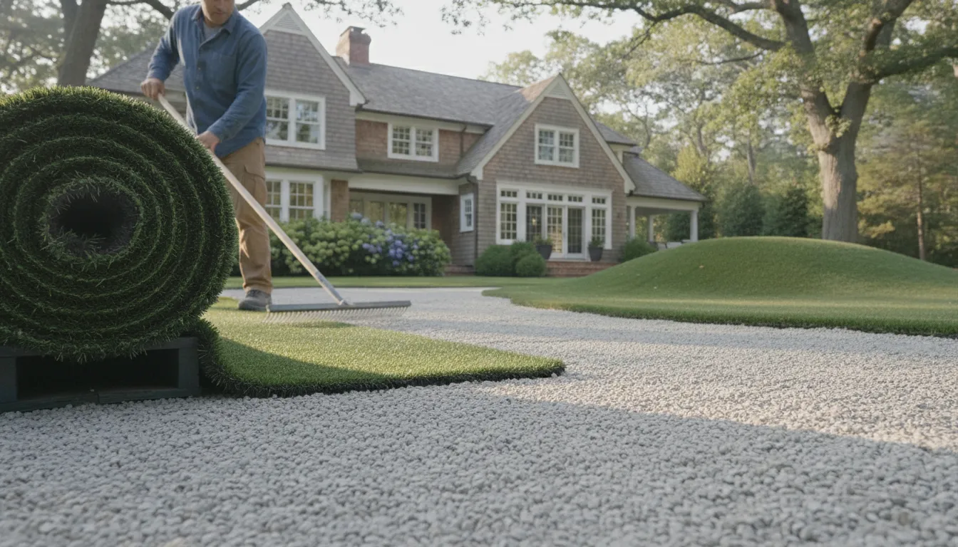 Backyard putting green turf integrated with surrounding landscape