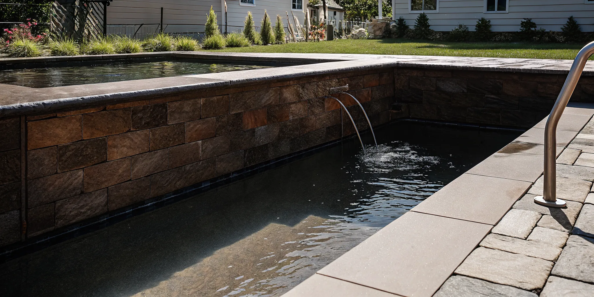 Finished inground swimming pool with new stone-pattern vinyl liner, filled with clear water, surrounded by a concrete deck in a landscaped Long Island backyard