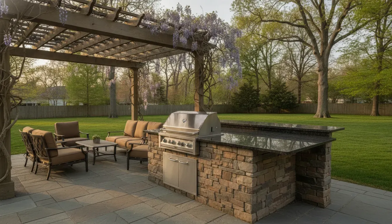 Granite outdoor kitchen countertop with a masonry island
