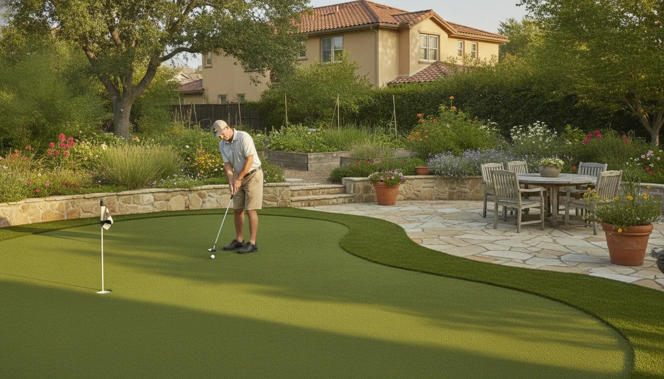 Professionally contoured backyard putting green integrated with a Long Island landscape