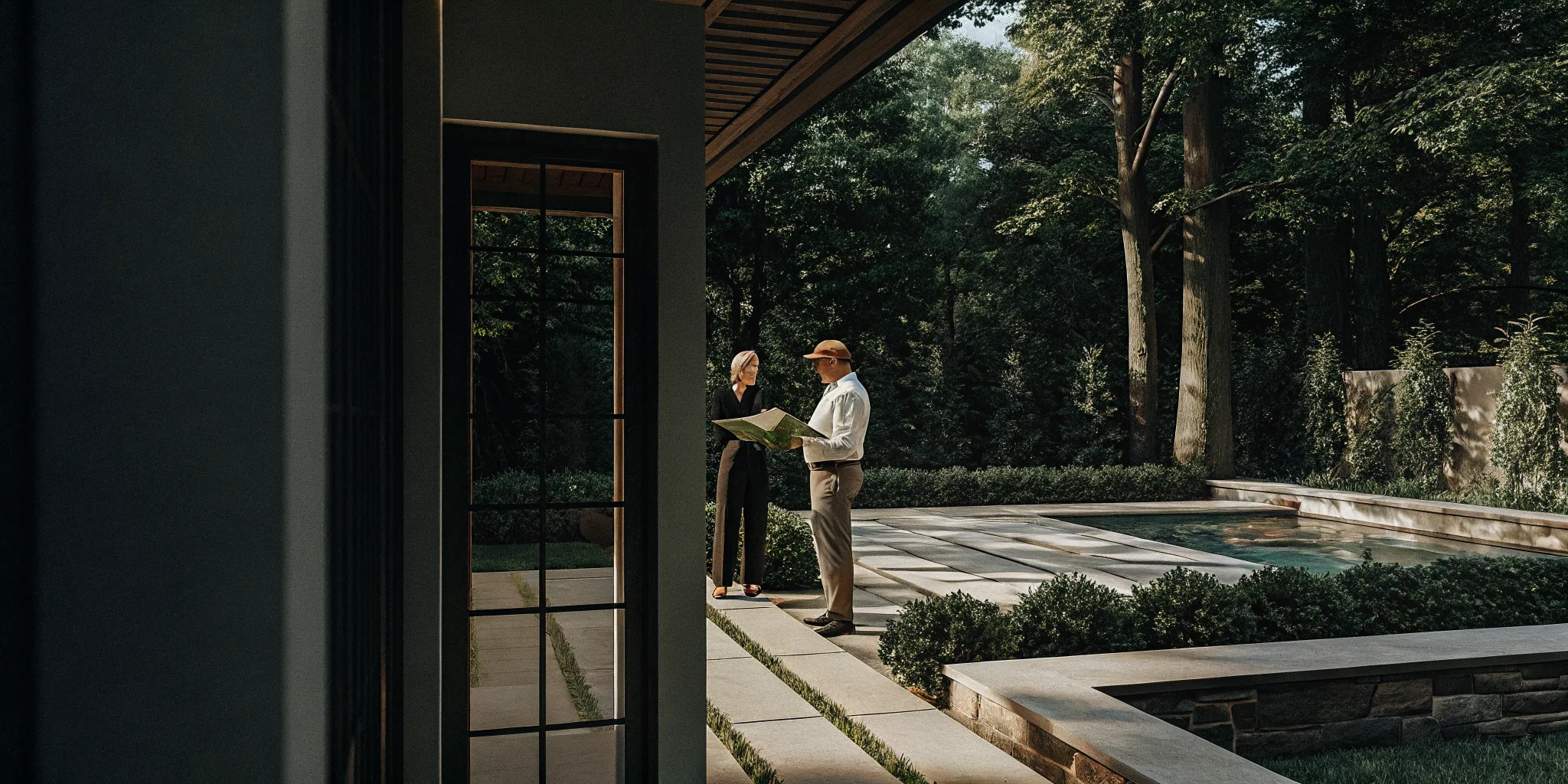 Backyard designers Long Island consultation beside a coordinated patio and pool
