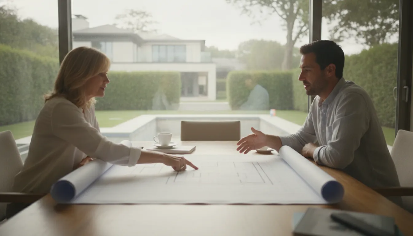 Homeowners reviewing a pool design plan before construction