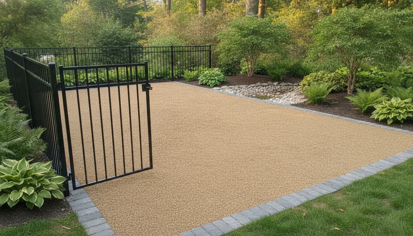 Backyard dog run with a permeable surface, secure fence, and planned drainage edge