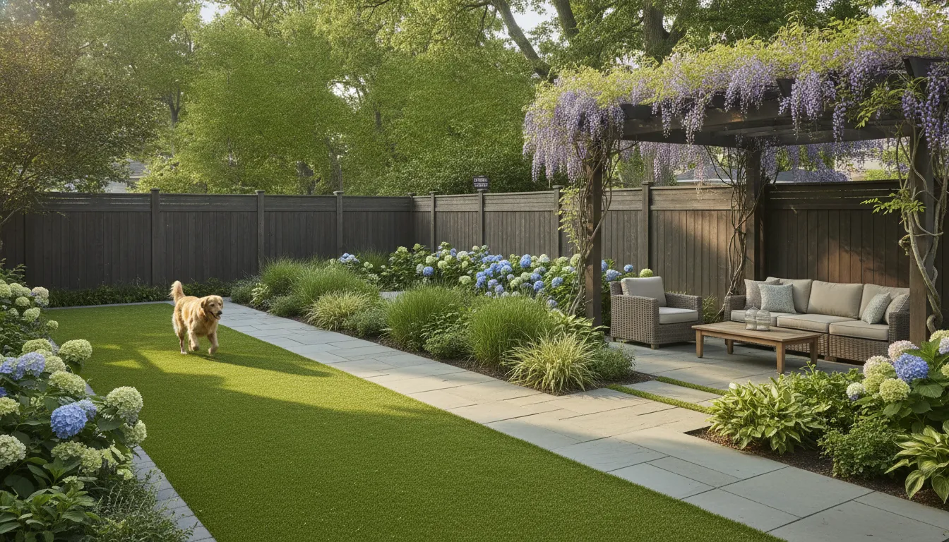 Dog run connected to a landscaped backyard with paving and planting