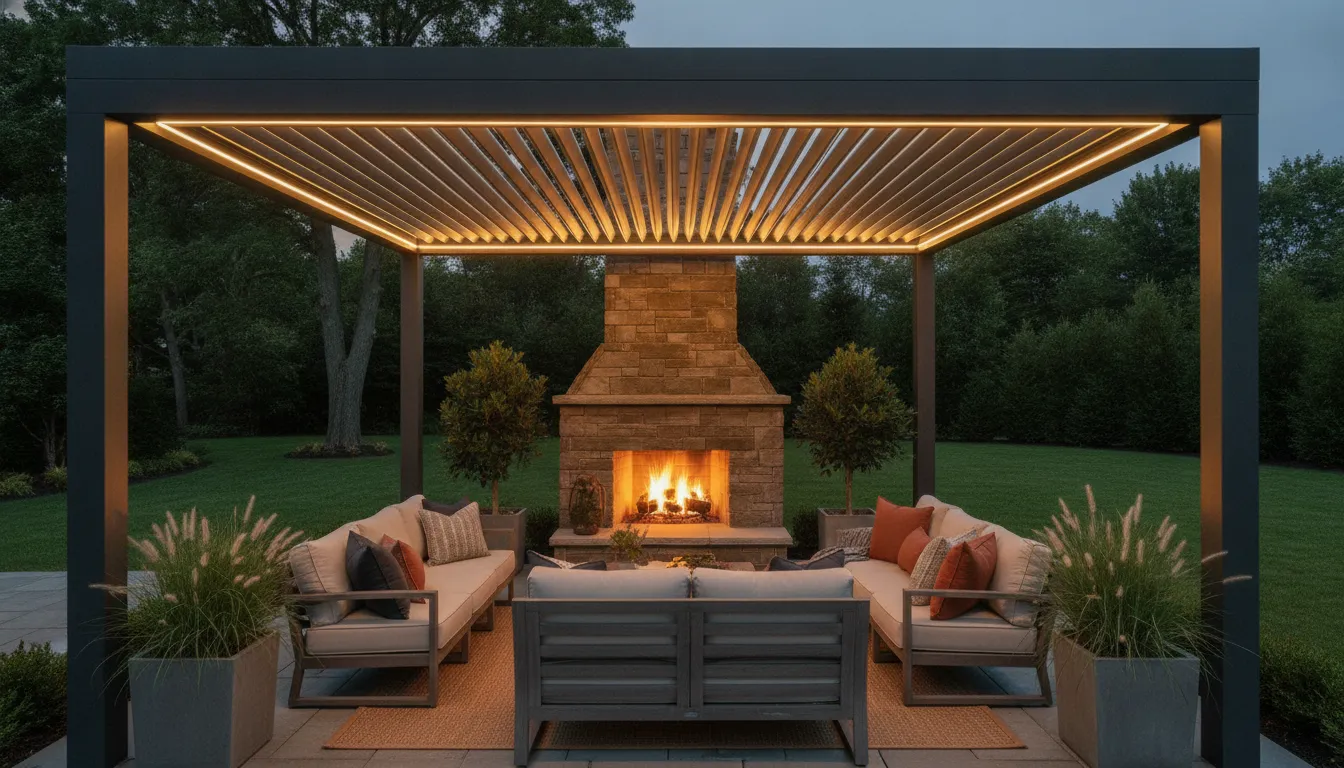 Closed louvered pergola with integrated lighting at dusk
