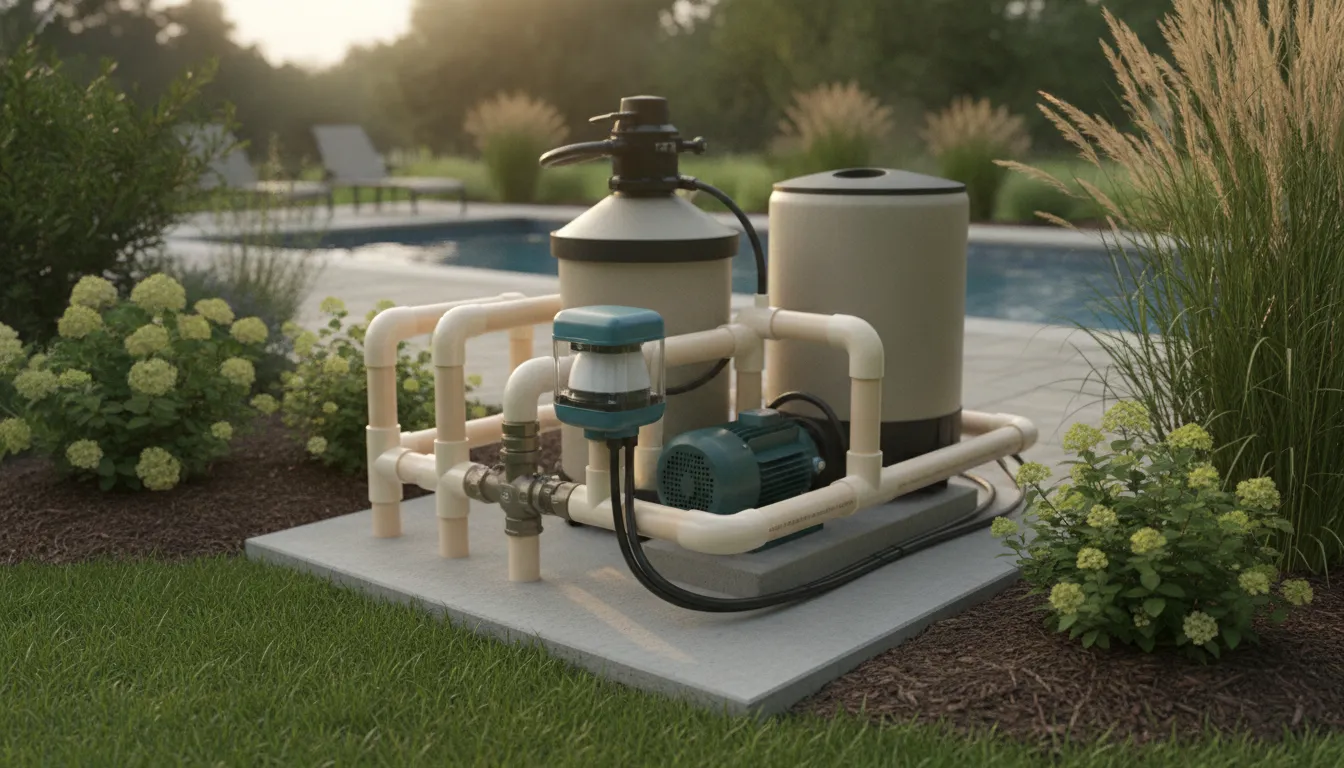 Pool equipment pad with pump, filter, and salt chlorine system connections