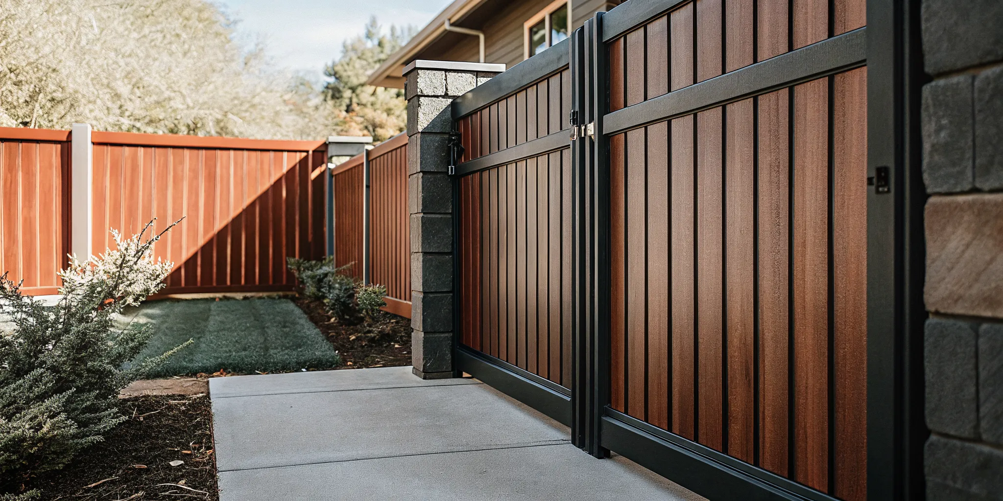 Composite privacy fence and aluminum gate beside a bluestone paver patio on Long Island