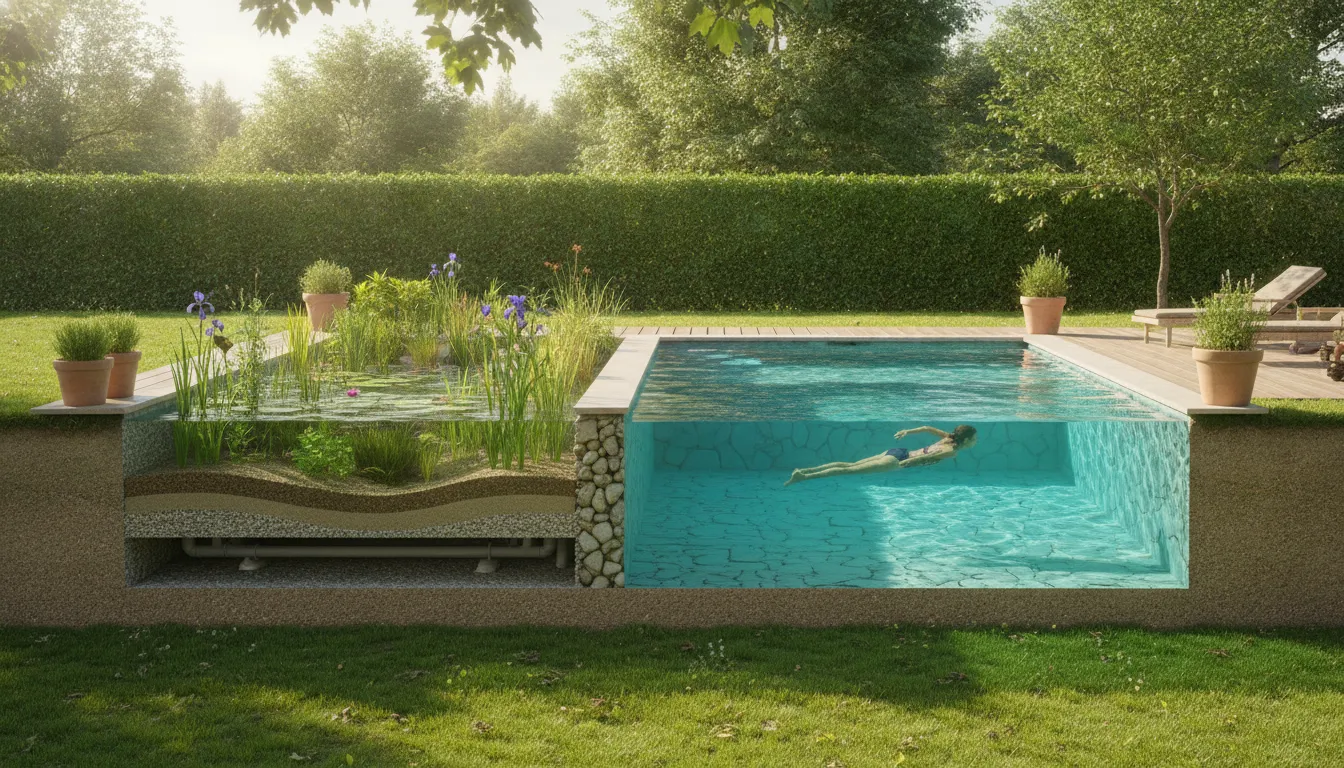 Illustration of a natural swimming pool regeneration zone with aquatic plants and gravel filtration