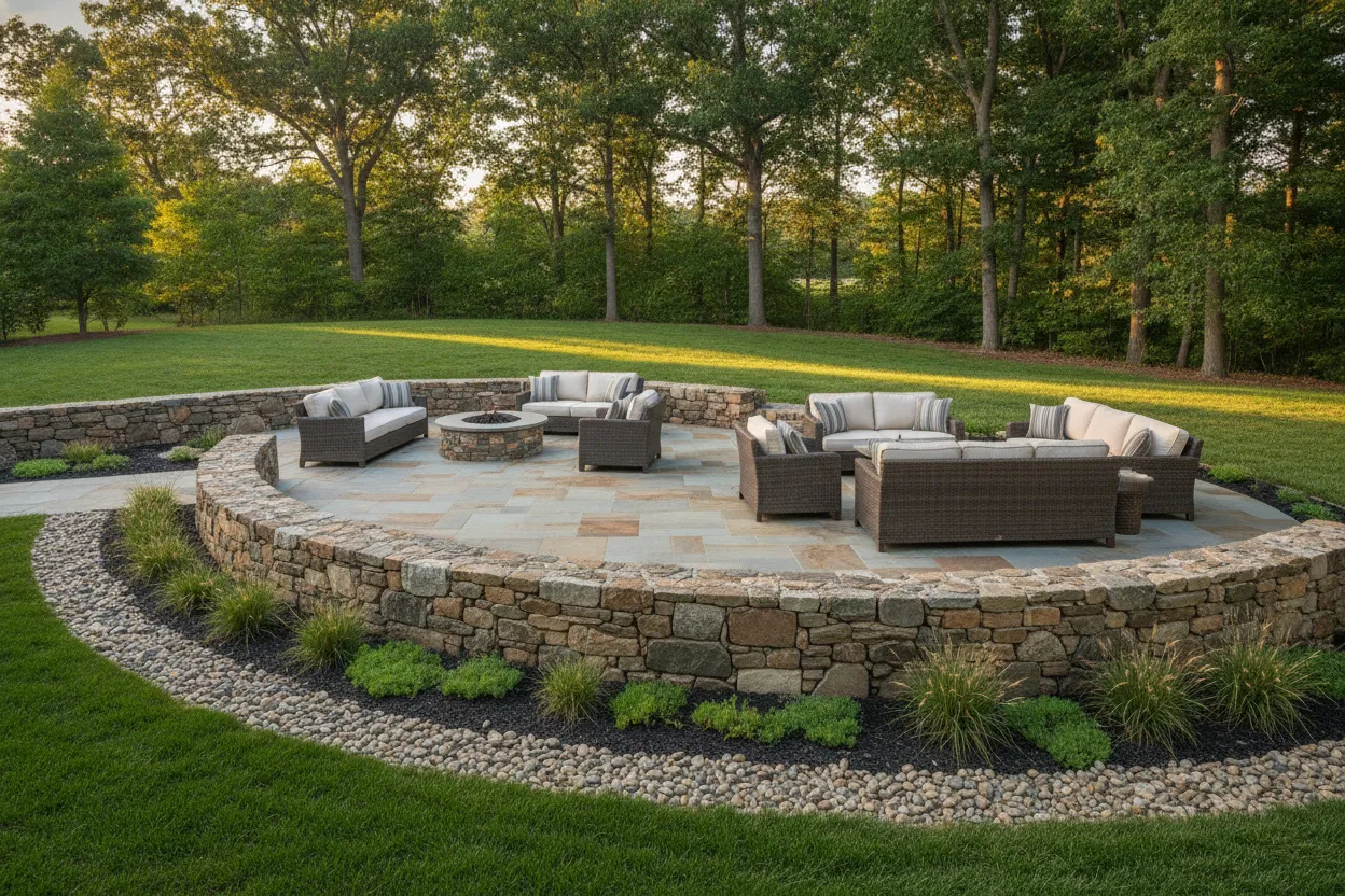 Finished Long Island patio with natural stone wall