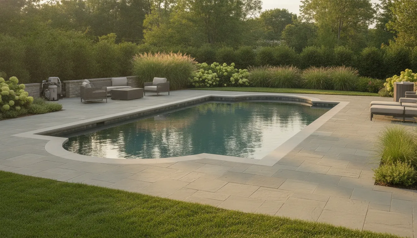 Finished Long Island backyard pool with stone coping and landscaping