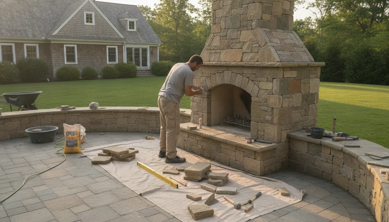 Mason contractor building a natural stone outdoor fireplace on a Long Island patio