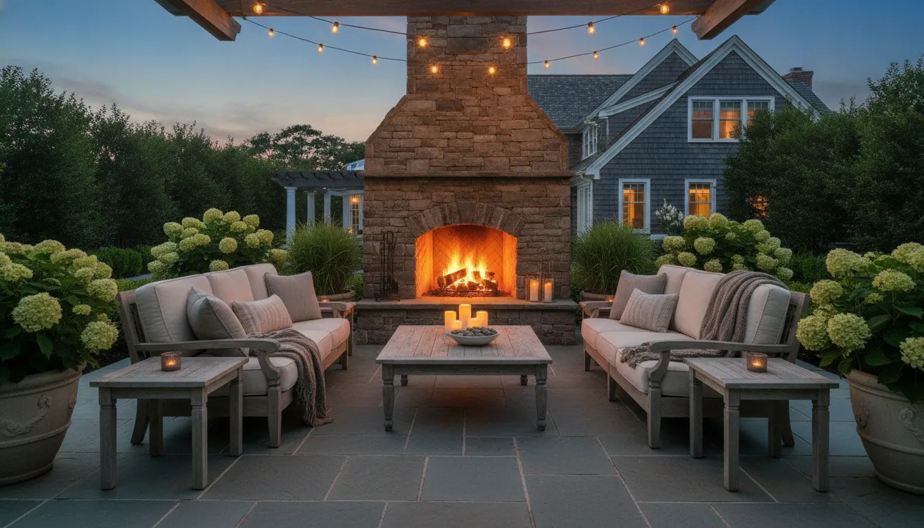 Finished natural stone outdoor fireplace with seating on a Long Island patio in the evening