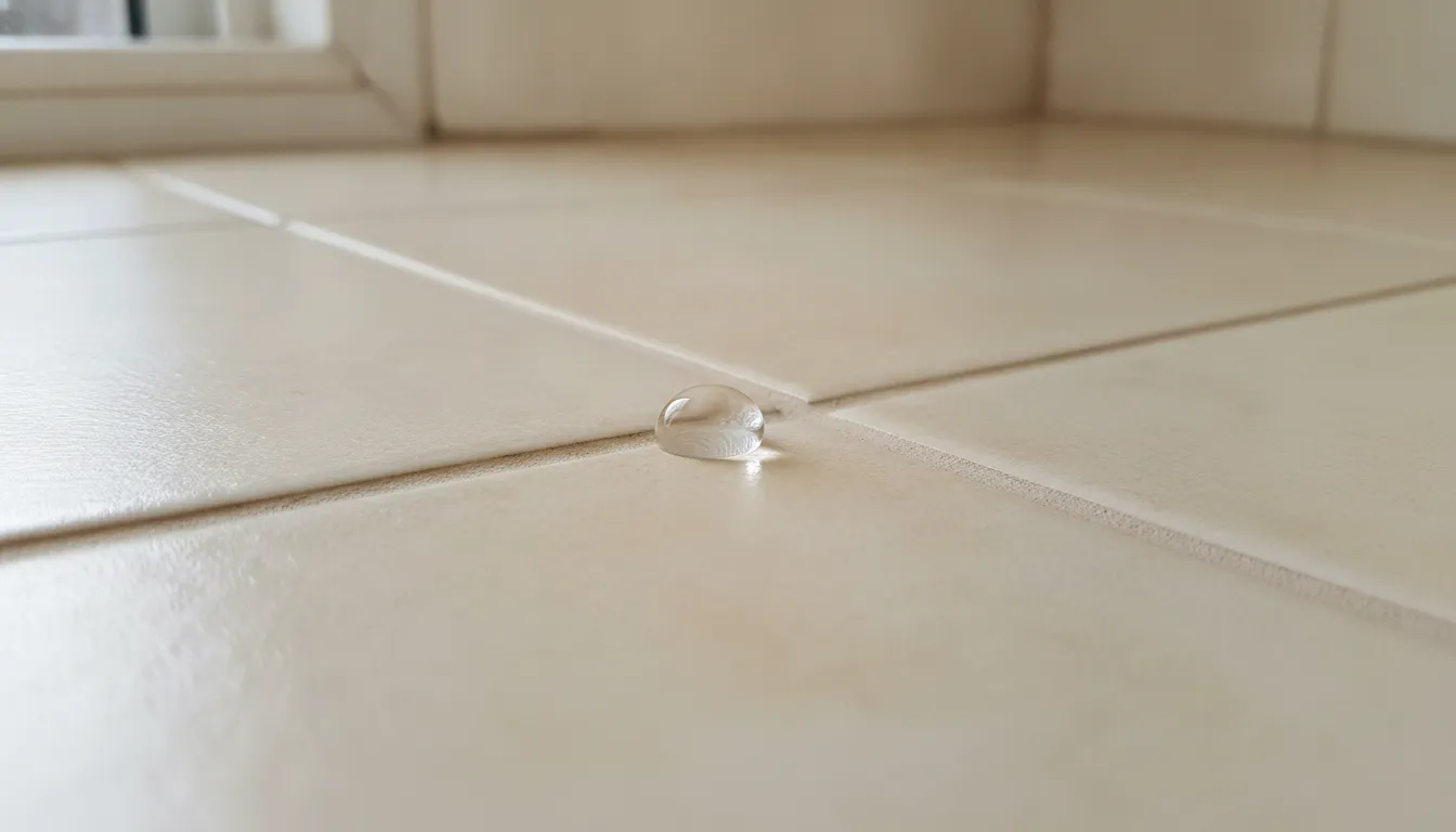 Water bead sitting on a grout joint between large cream bathroom floor tiles
