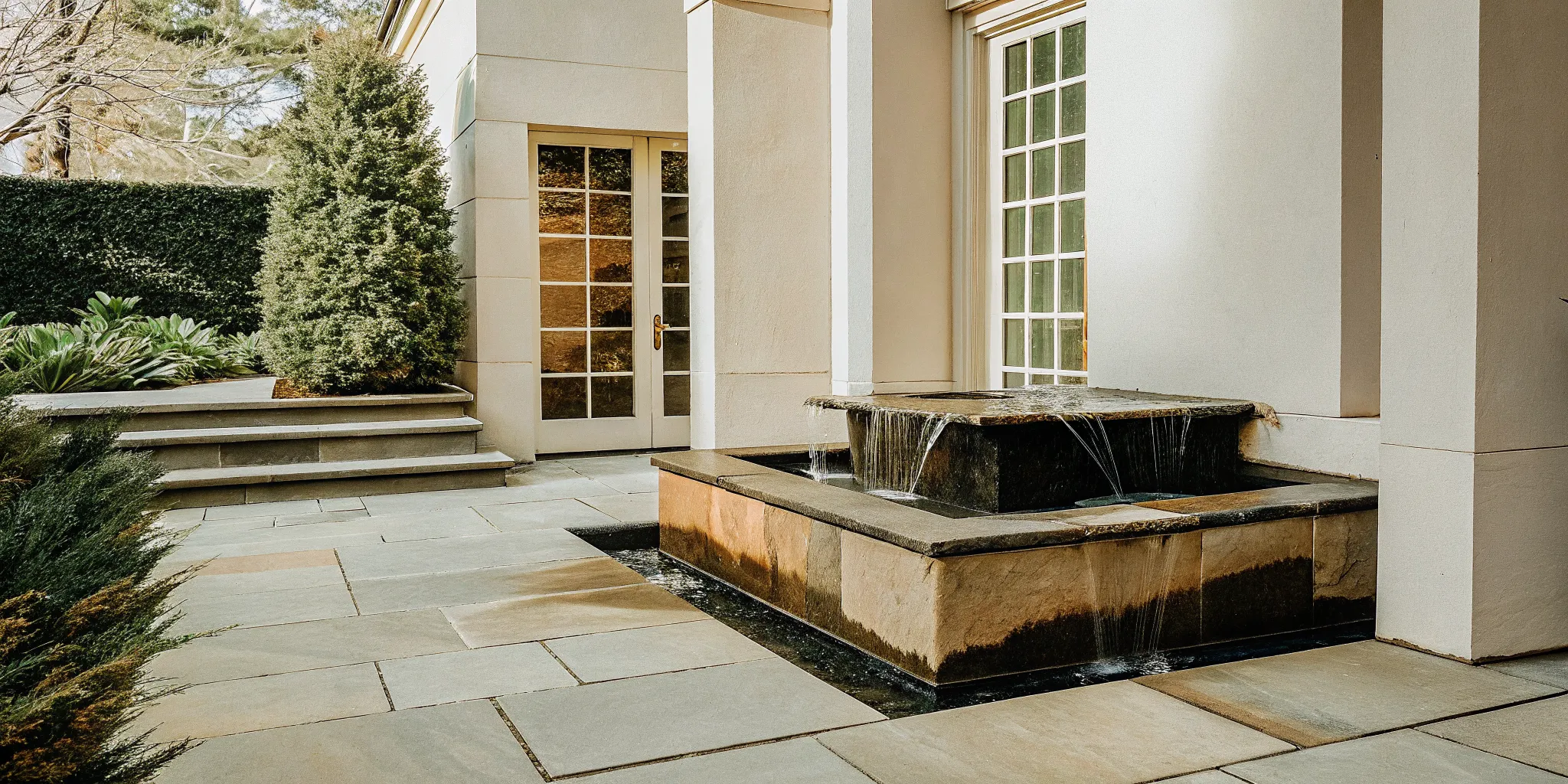Custom masonry bluestone fountain on a Long Island patio