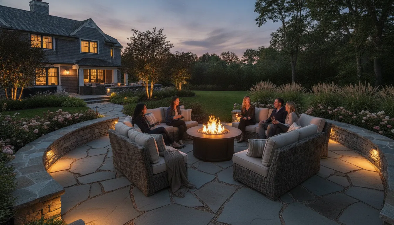 Gas fire pit with lounge seating on a natural stone paver patio in a Long Island backyard at dusk