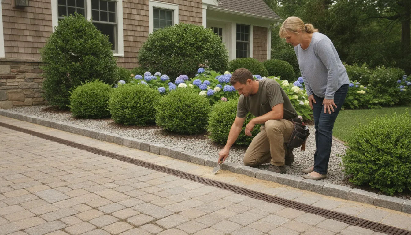 Contractor inspecting paver joints and driveway drainage