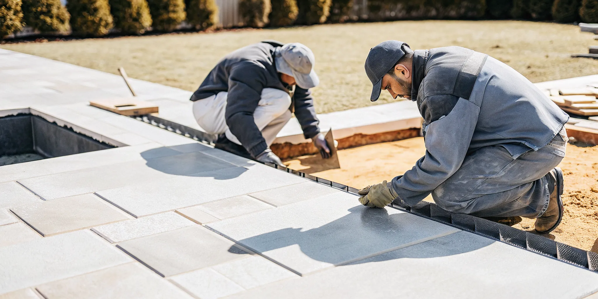 Masons installing natural travertine pavers around a gunite pool edge