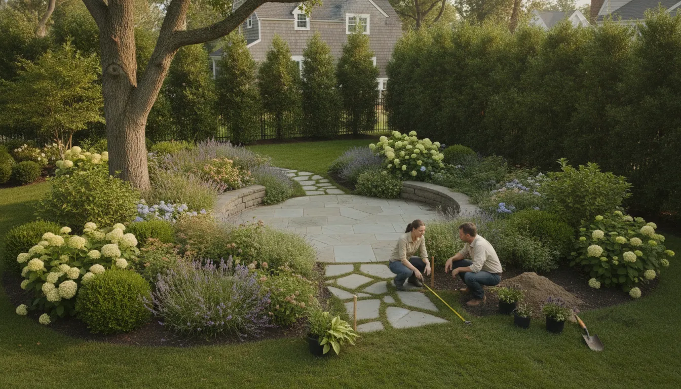 Long Island backyard landscape concept with planting beds and stone patio