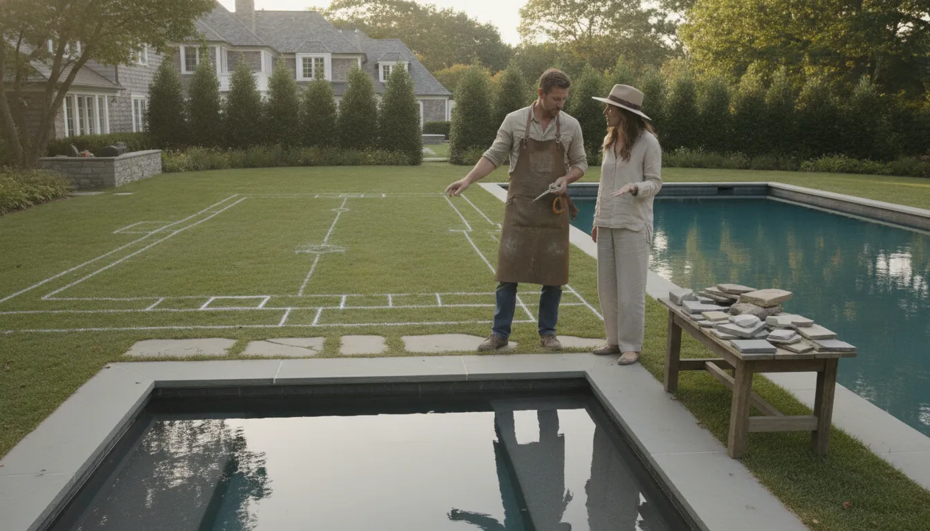 Pool designer reviewing a residential tanning ledge layout