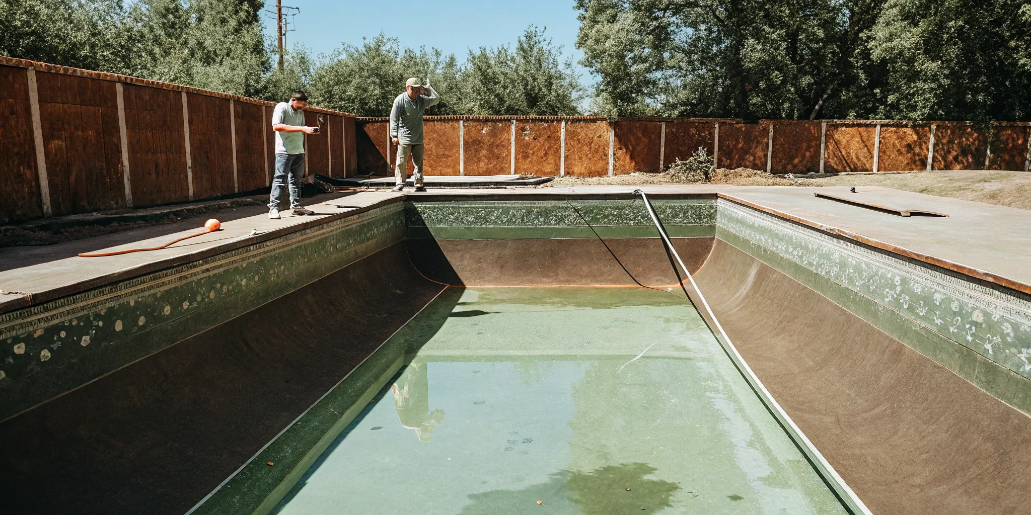 Empty inground swimming pool walls and floor being prepared for a new vinyl liner installation, showing the concrete shell and liner track system