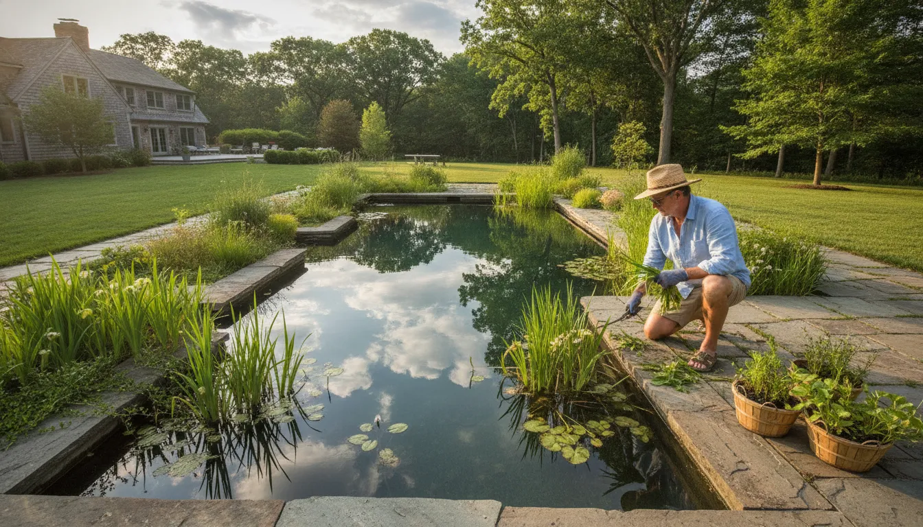 Gardener caring for aquatic plants around a natural swimming pool