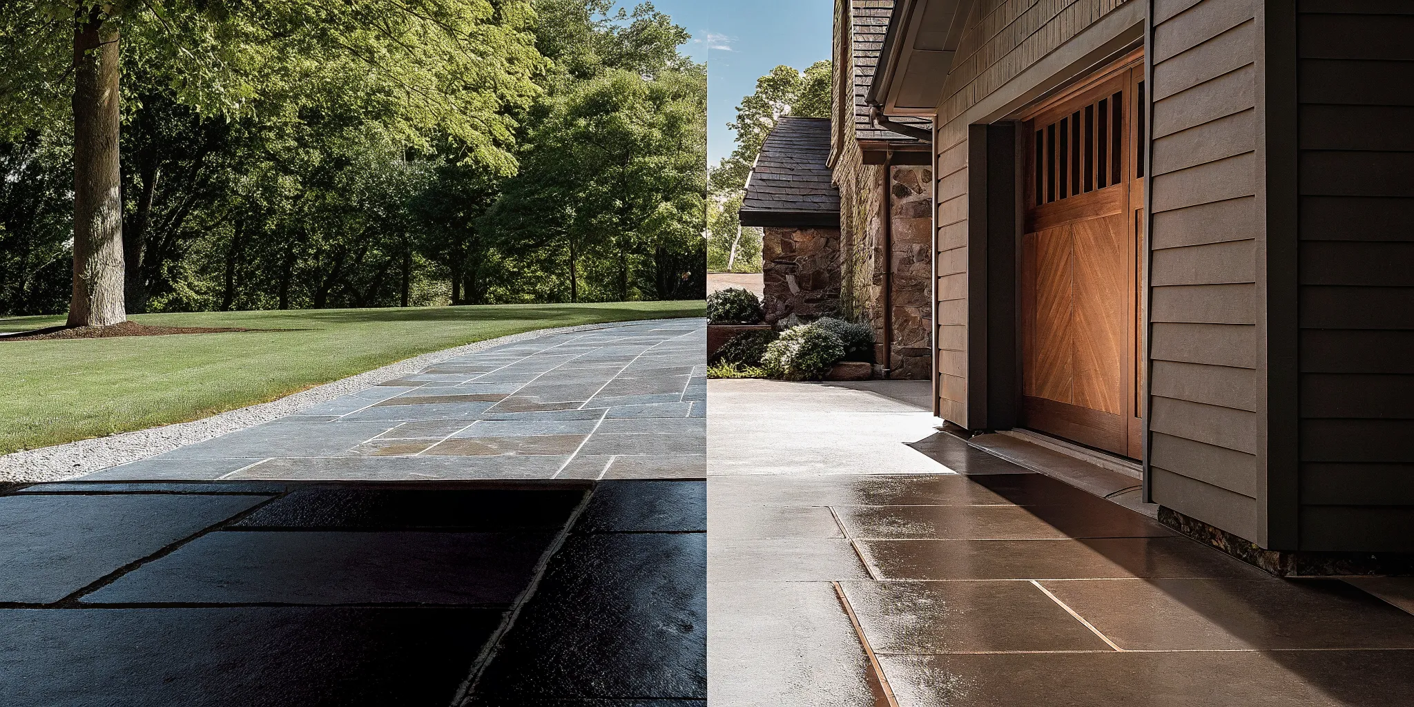 Natural stone paver materials including bluestone, travertine, and granite arranged for comparison on a residential driveway
