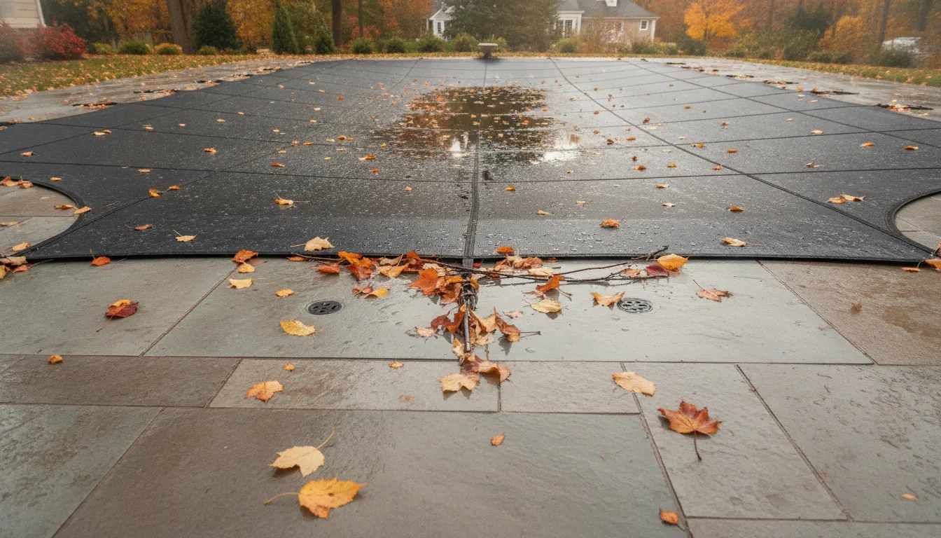 Mesh winter pool cover draining water and protecting a backyard pool