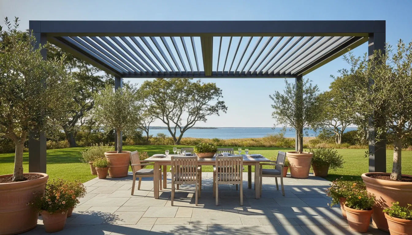 Open-louver aluminum pergola over a Long Island patio