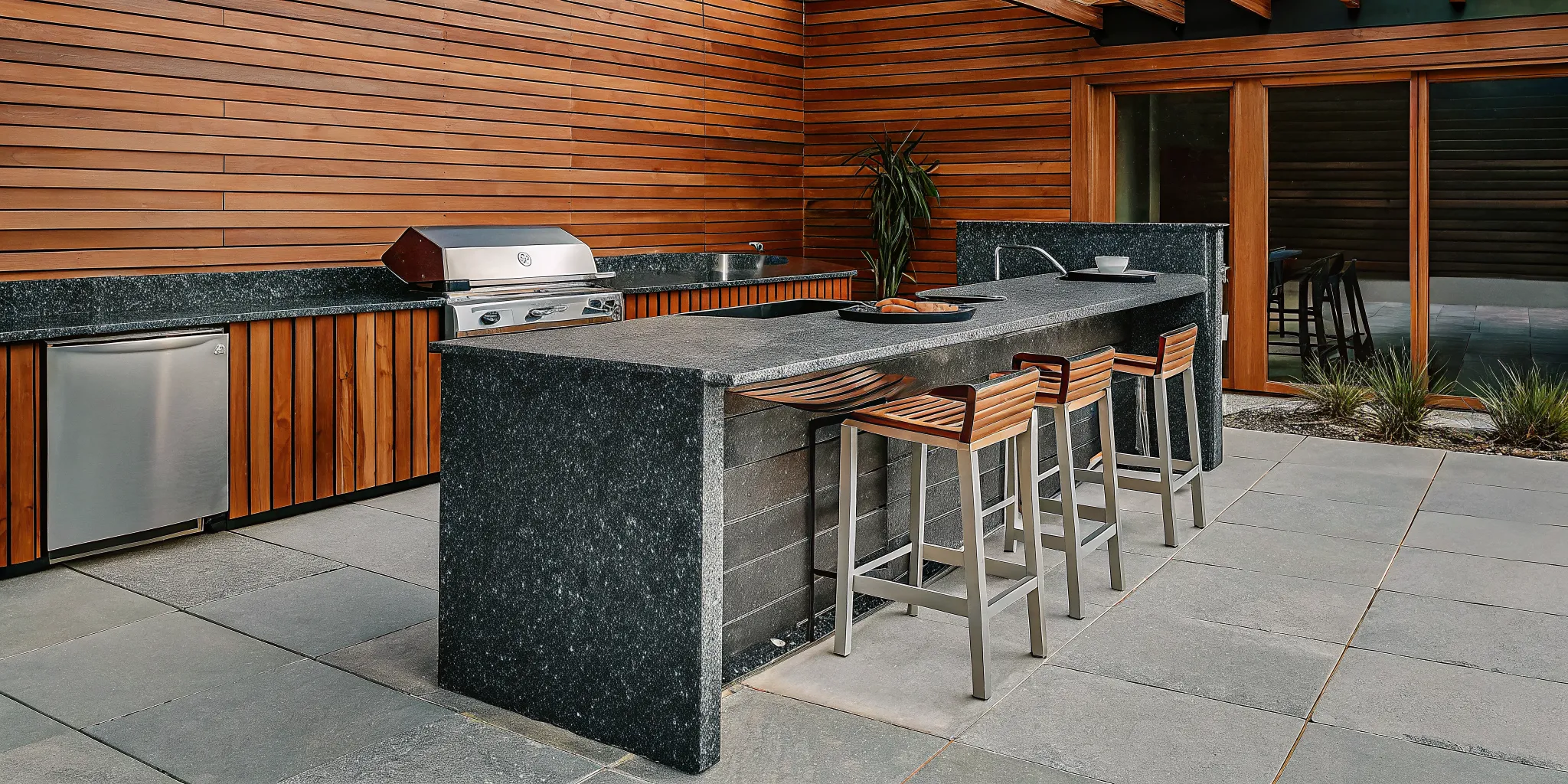 Modern outdoor kitchen layout with granite island, bar seating, and grill station on a natural stone patio