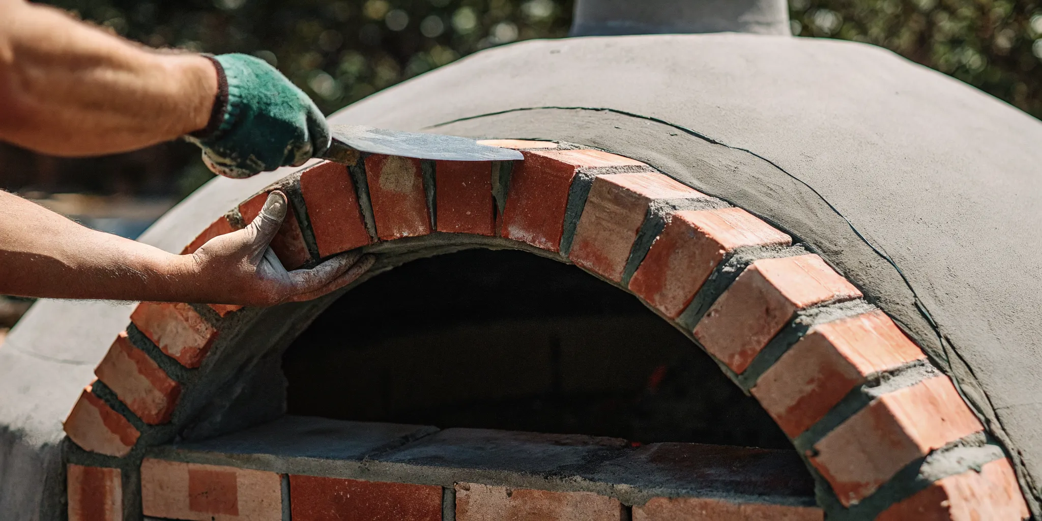 Mason carefully placing refractory firebrick in a pizza oven dome during custom outdoor pizza oven installation Long Island