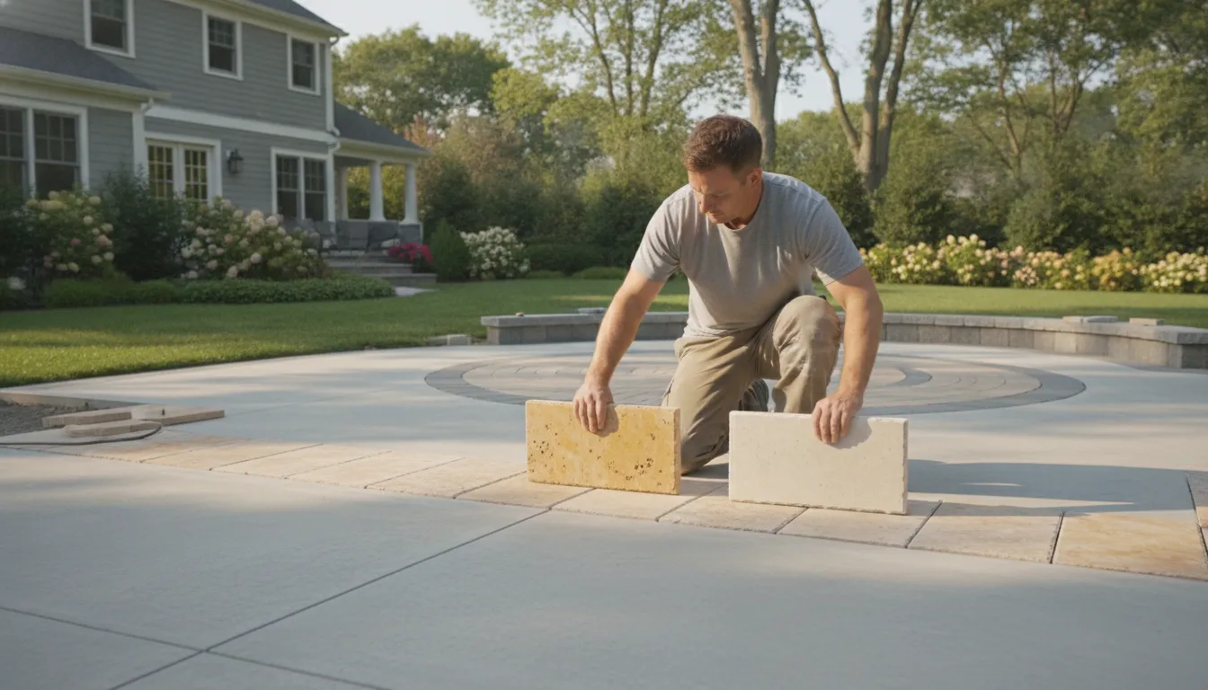 Limestone and travertine patio pavers compared on a Long Island home
