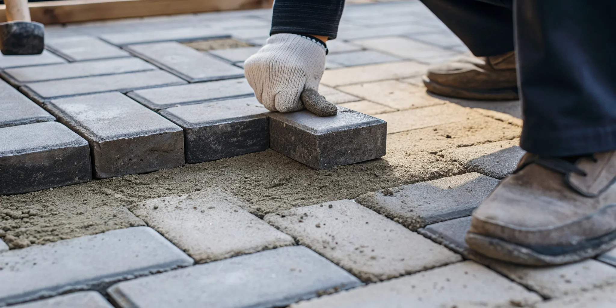 Interlocking concrete driveway pavers laid in a herringbone pattern with sand-filled joints