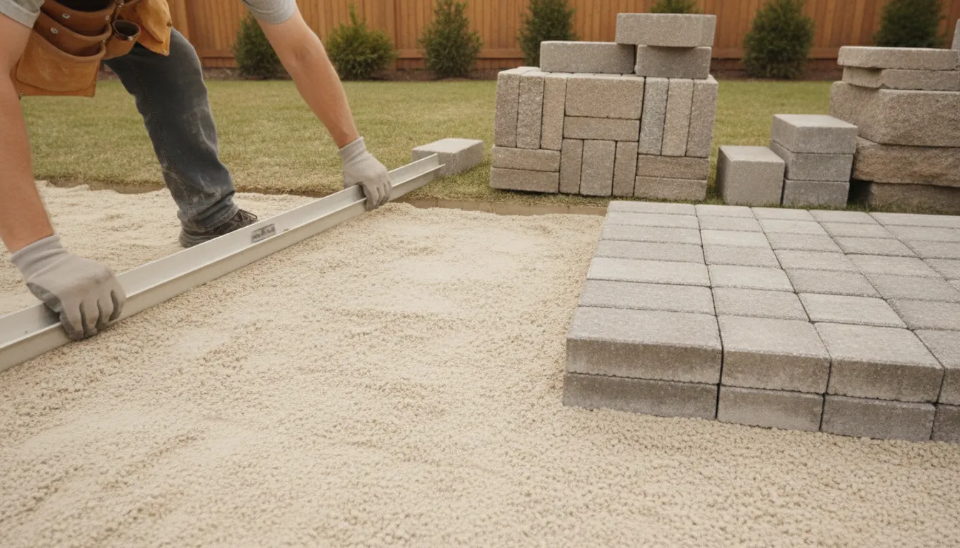 Mason screeding bedding sand for patio pavers