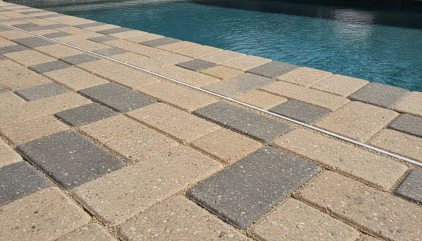 Permeable paver pool deck with a discreet drainage edge