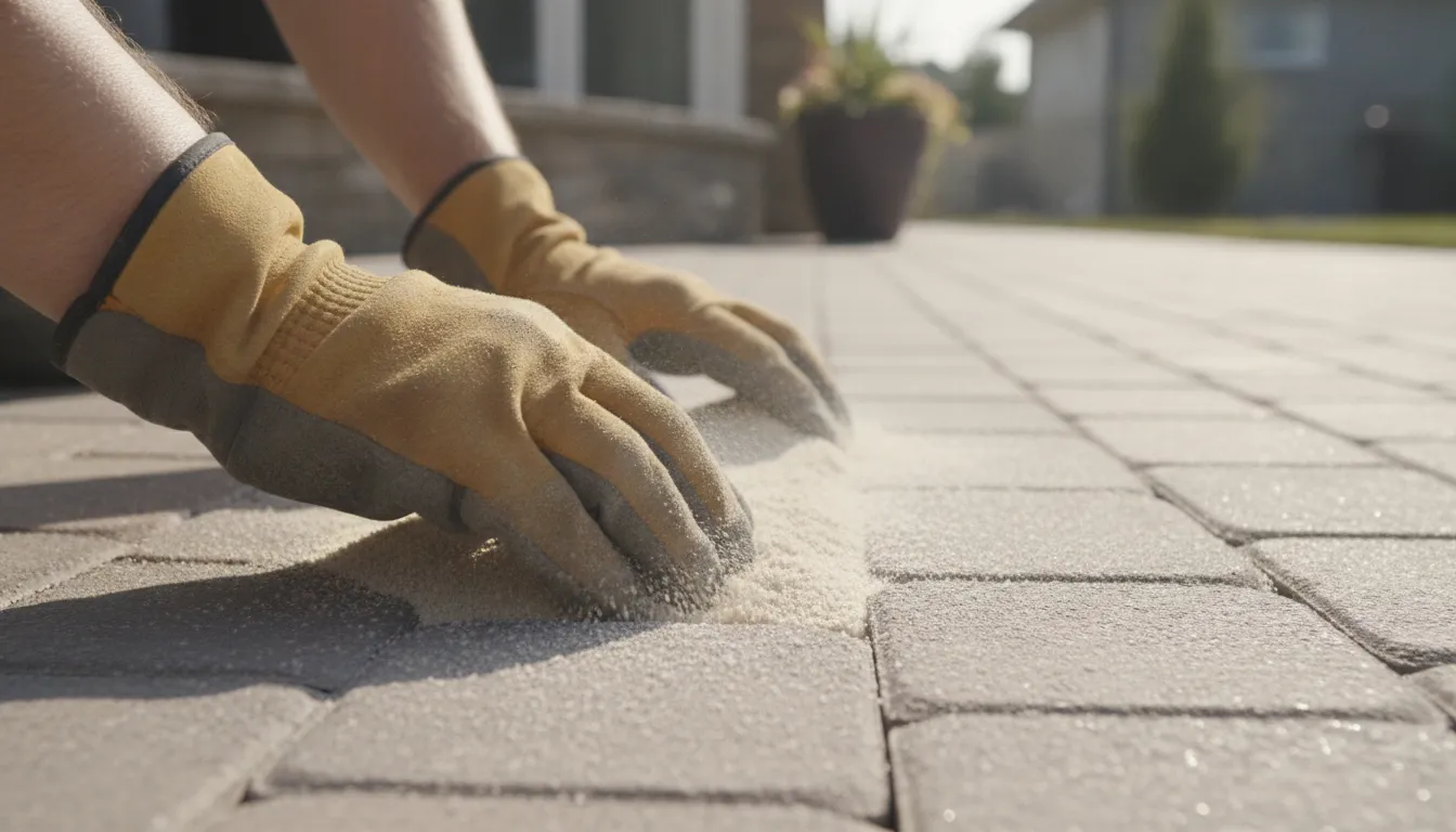 Professional spreading sand into paver joints