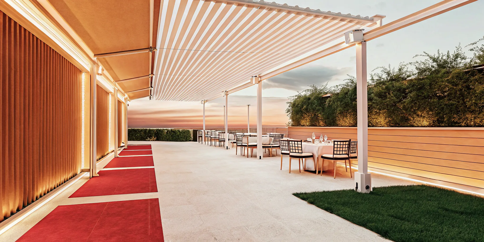 Commercial pergola shading an upscale hospitality dining patio
